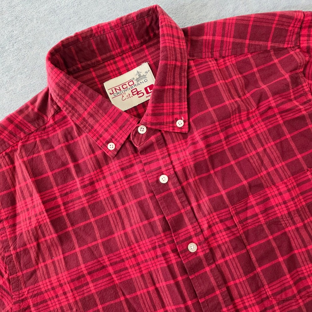 JNCO Crown Brand Mens Red Plaid Short Sleeve Button Down Shirt Large Cotton